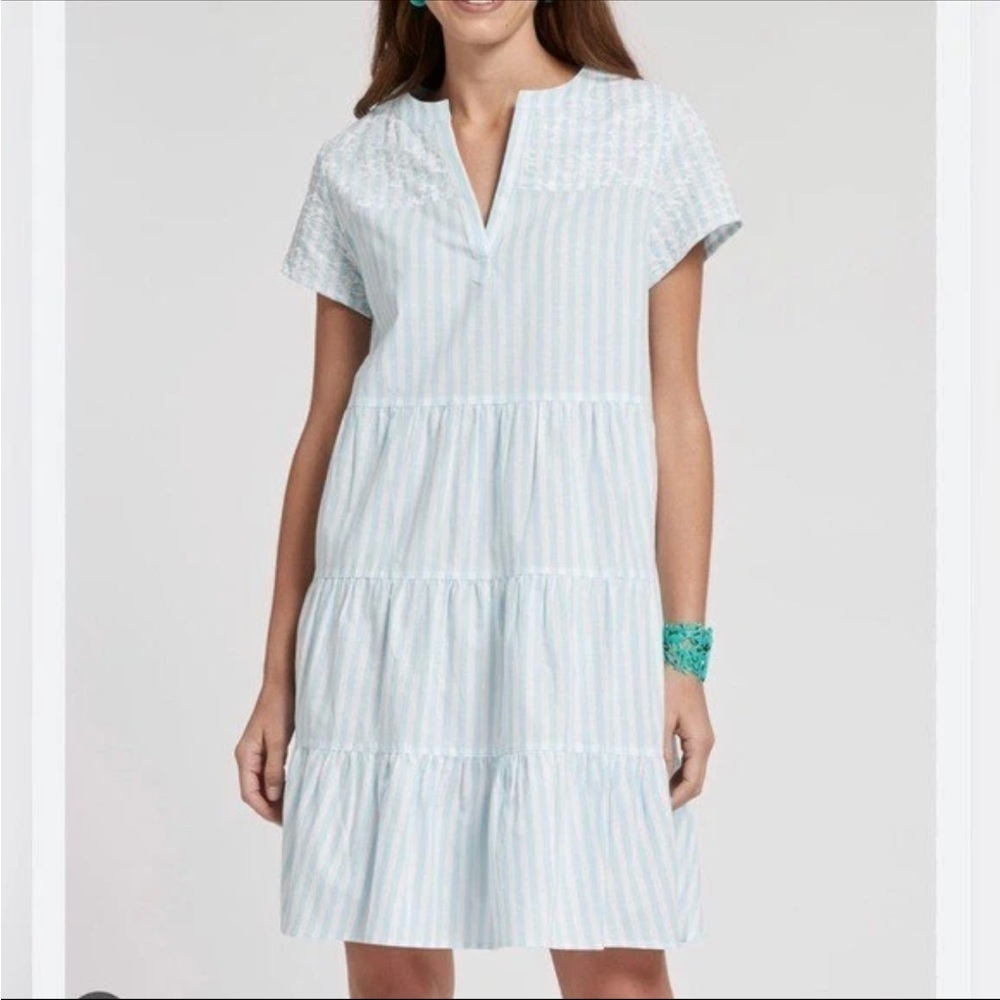 Tyler Boe Linen 100% Cotton Blue White Striped Tiered Tayna Dress Size L - Picture 6 of 6